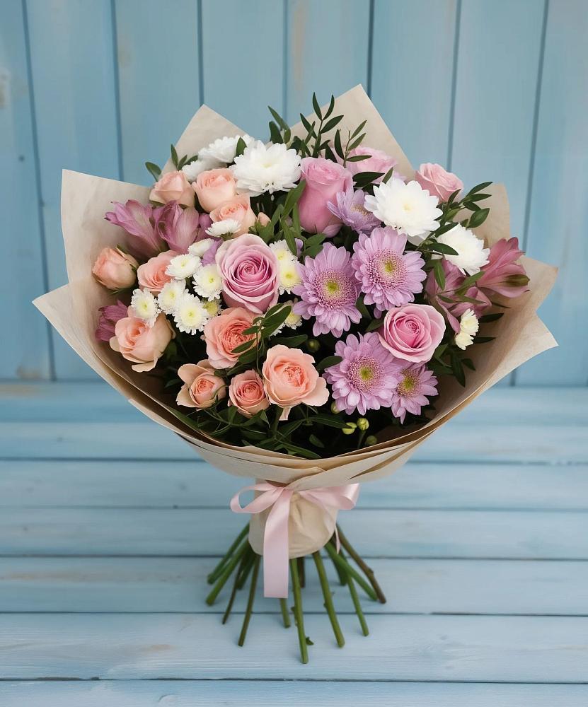 Букет цветов из: Хризантемы, Розы и Альстромерии в Мокрое