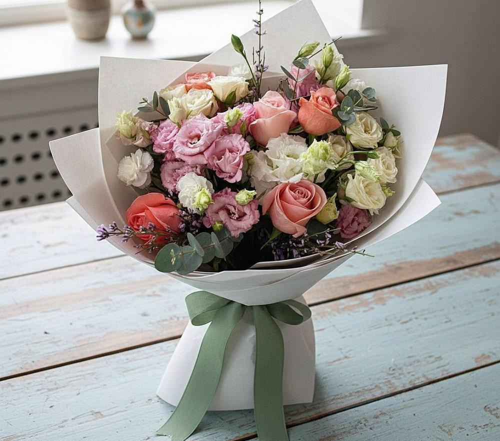 Букет цветов из: Розы, Лизиантусы и Гвоздики в Мокрое