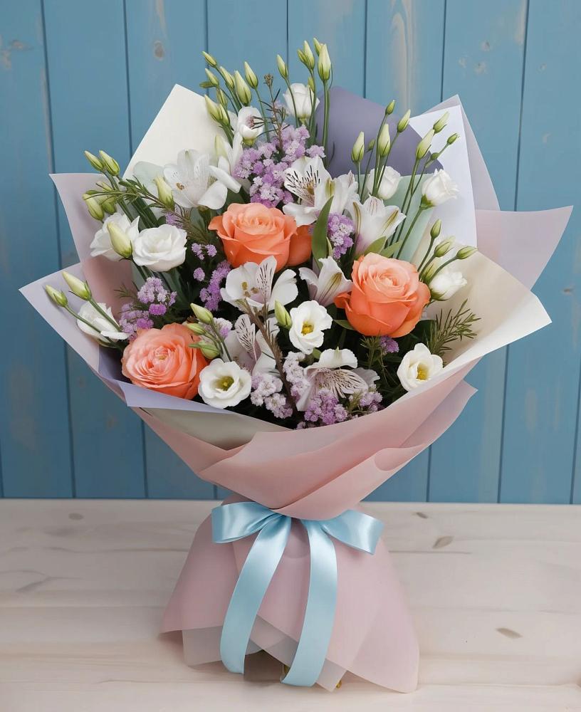 Букет цветов из: Лизиантусы, Розы, Альстромерии и Гипсофила в Мокрое