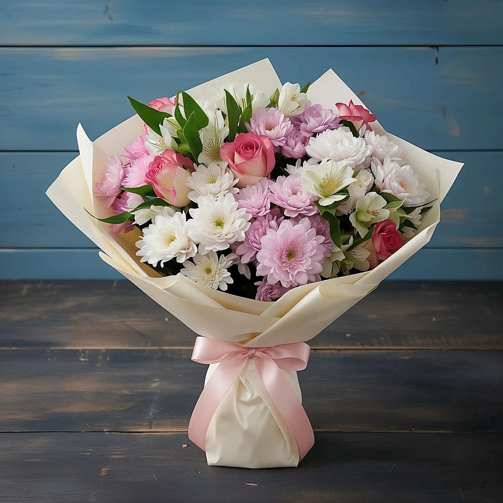 Букет цветов из: Хризантемы, Альстромерии и Розы в Мокрое